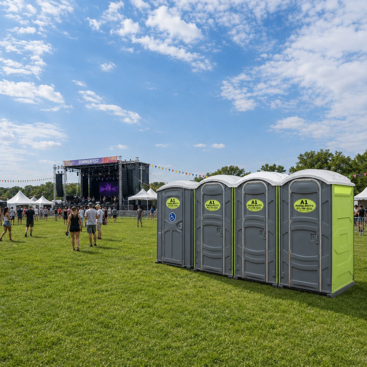 Row of portable toilets set up for a festival in Louisville, KY
